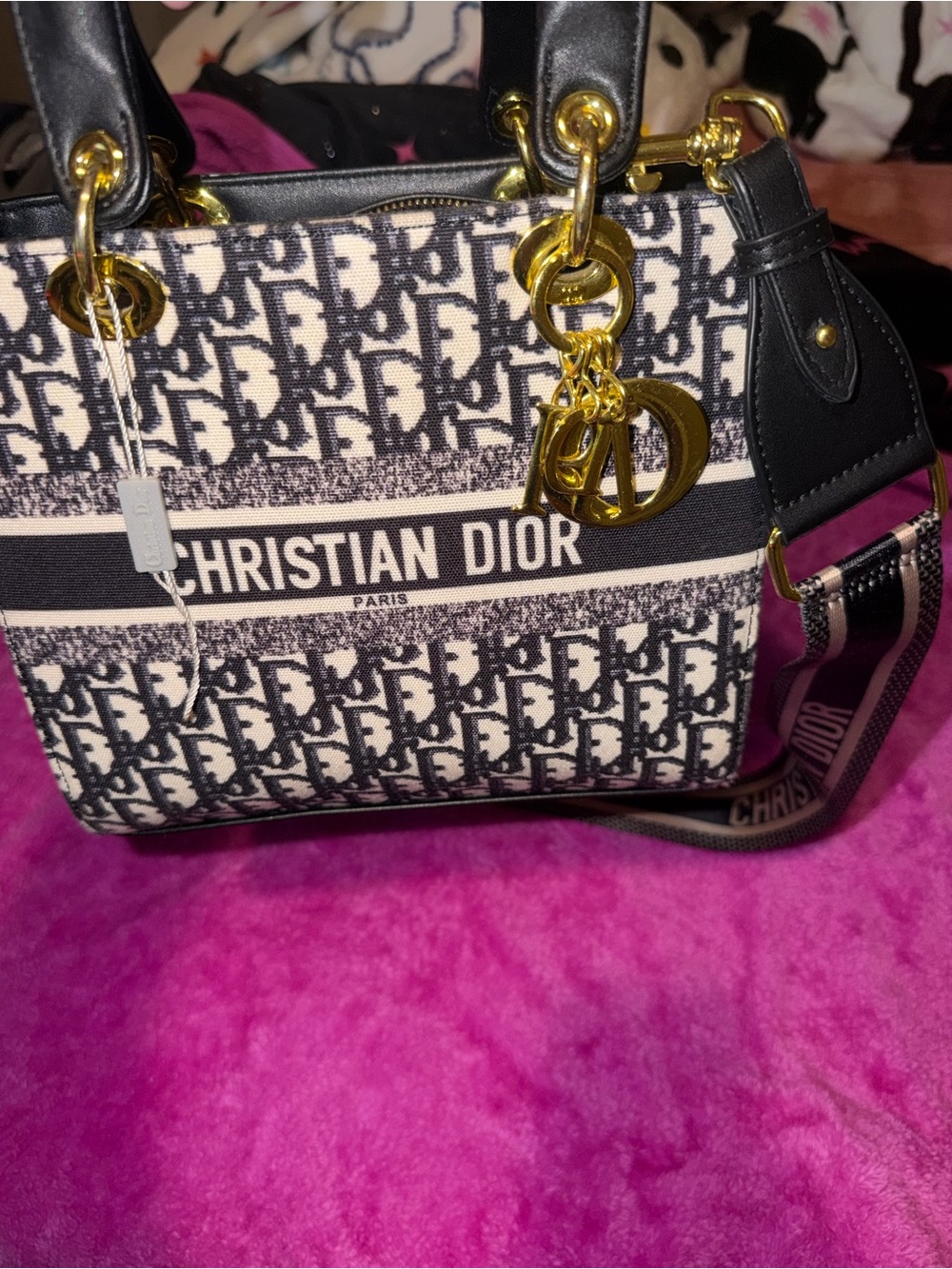 Dior Black and White Oblique Canvas Mini Tote with Gold Hardware